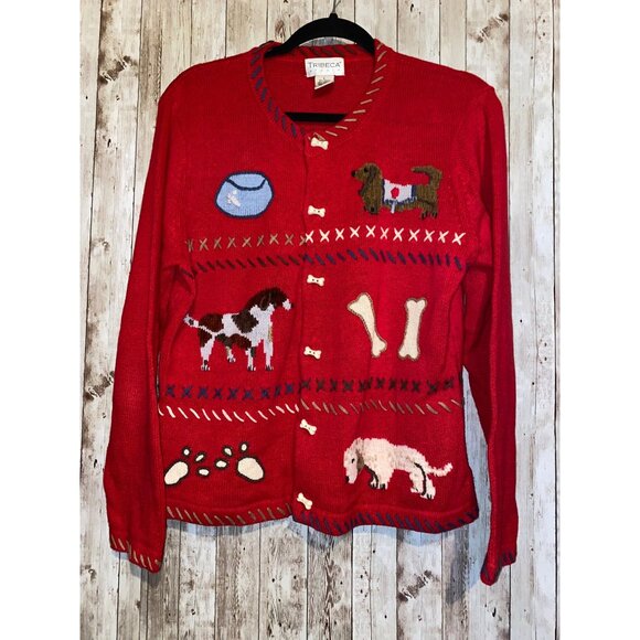Women's Tribeca Studio Red Novelty Dog Sweater Cardigan Size Large Bone Buttons - Picture 1 of 11